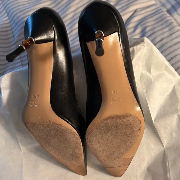 GUCCI WOMENS SHOES Size 38.5B Pumps Bamboo High Heel Black Leather Worn …