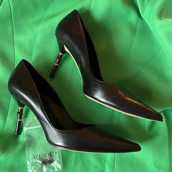 GUCCI WOMENS SHOES Size 38.5B Pumps Bamboo High Heel Black Leather Worn …