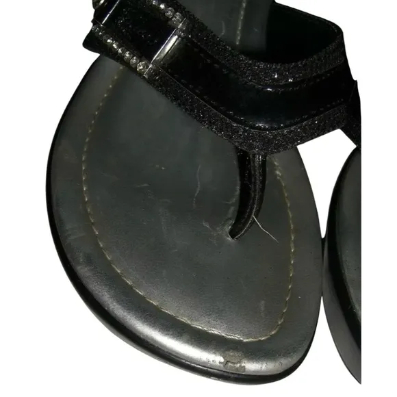 Guess Wedges Vintage y2k Black Glitter Thong Logo Rhinestone Bling Sandals Bratz