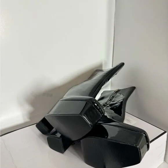 GUESS Womens Black 1-1/2&quot; Platform Logo Byra  Toe Block Heel Booties shoes 9.5