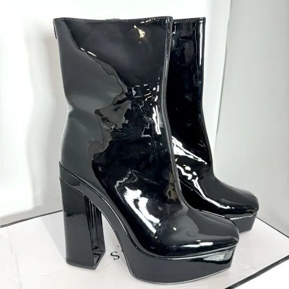 GUESS Womens Black 1-1/2&quot; Platform Logo Byra  Toe Block Heel Booties shoes 9.5