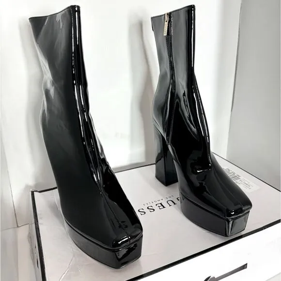 GUESS Womens Black 1-1/2&quot; Platform Logo Byra  Toe Block Heel Booties shoes 9.5