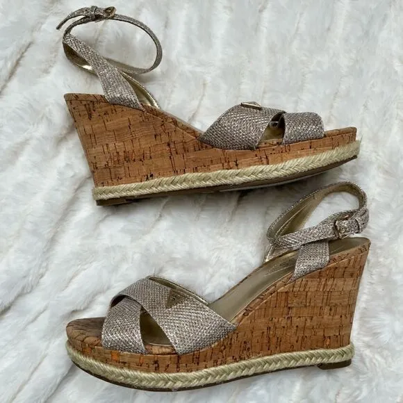 Guess Gold Metallic Wedge Sandals, Size 8