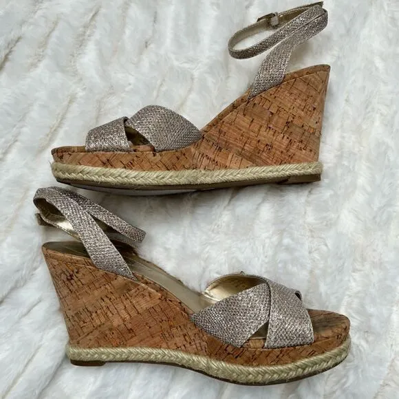 Guess Gold Metallic Wedge Sandals, Size 8