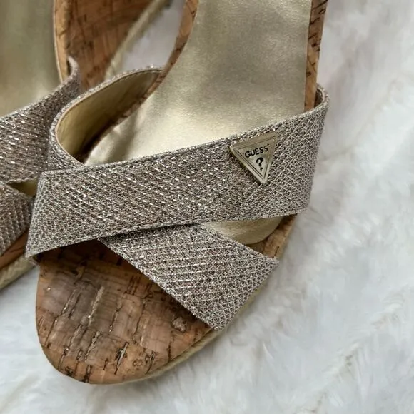 Guess Gold Metallic Wedge Sandals, Size 8