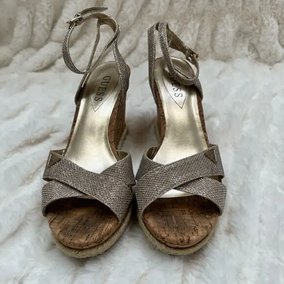 Guess Gold Metallic Wedge Sandals, Size 8