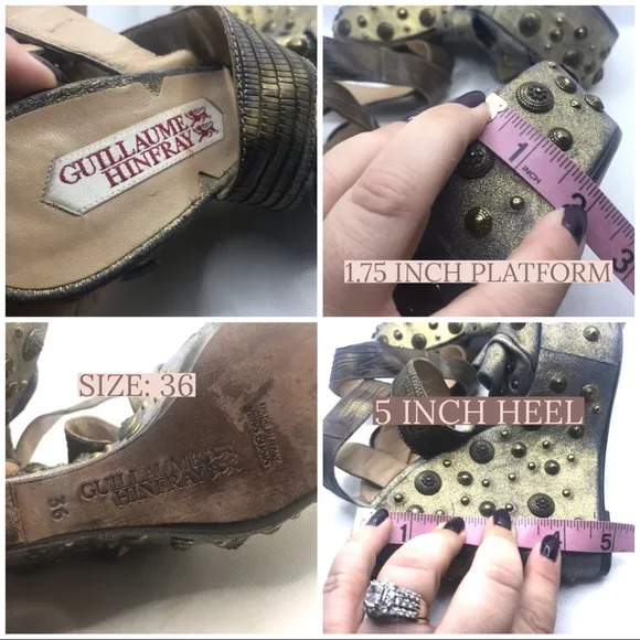 GUILLAUME HINFRAY GOLD AN BLUE LEATHER STUDDED DISTRESSED WEDGE HEELS (36)