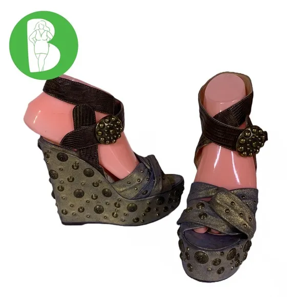 GUILLAUME HINFRAY GOLD AN BLUE LEATHER STUDDED DISTRESSED WEDGE HEELS (36)