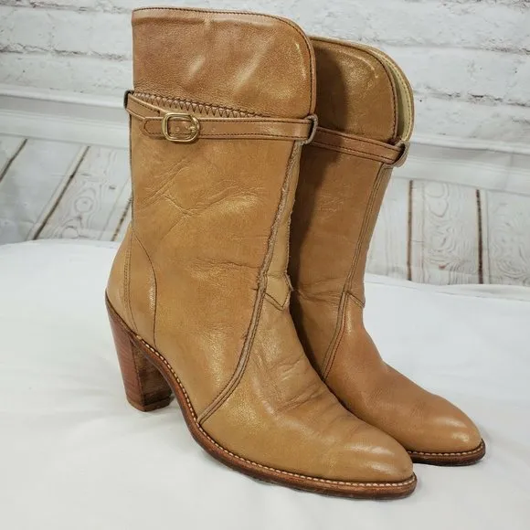 Handcrafted Womens Camel Leather Boots Size 7