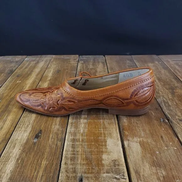 Handmade Tooled Womens Leather Loafers Size 6 Flores Shoes