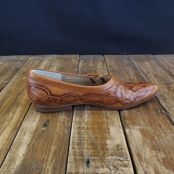 Handmade Tooled Womens Leather Loafers Size 6 Flores Shoes