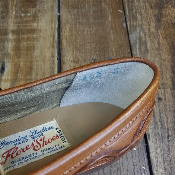 Handmade Tooled Womens Leather Loafers Size 6 Flores Shoes