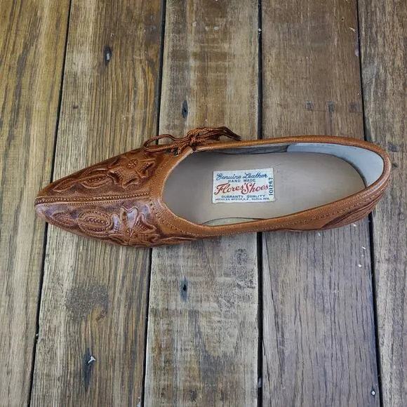 Handmade Tooled Womens Leather Loafers Size 6 Flores Shoes