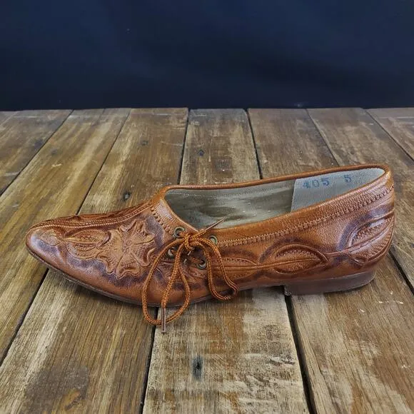 Handmade Tooled Womens Leather Loafers Size 6 Flores Shoes