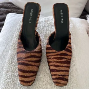 HANNAH BELLA Brown Animal Print Leather Mule Heel Shoes Size 6 Fit like a size 7