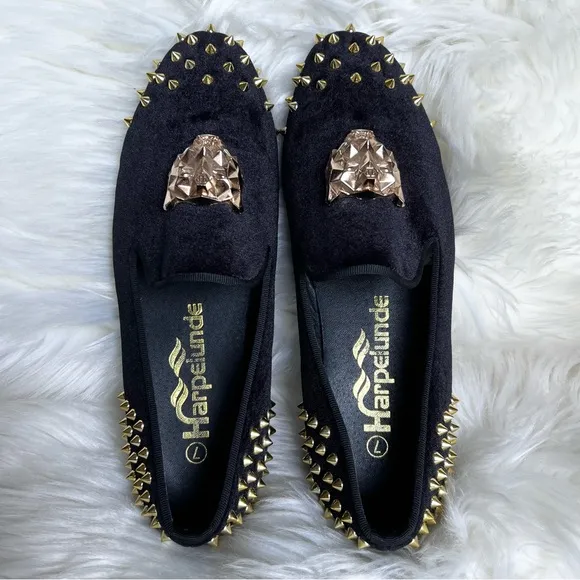 Harpelunde Spikes Velvet Loafers Sz 7 Wedding Shoes Animal Buckle  Velour Black