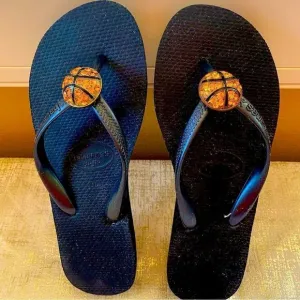 🩴Havaianas Black Wedge Flip Flops rhinestone basketball embellishments EUC Sz 7