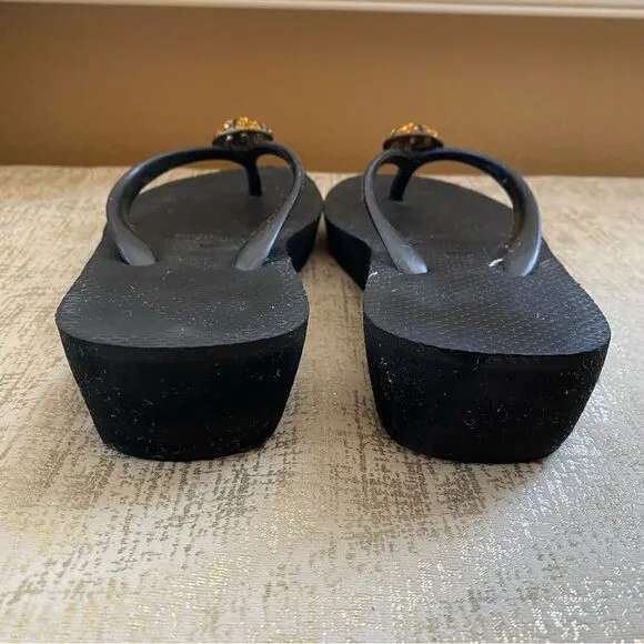 🩴Havaianas Black Wedge Flip Flops rhinestone basketball embellishments EUC Sz 7