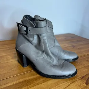 Helmut Lang Gray Leather Buckle Side Zip Heeled Ankle Boots Size 37