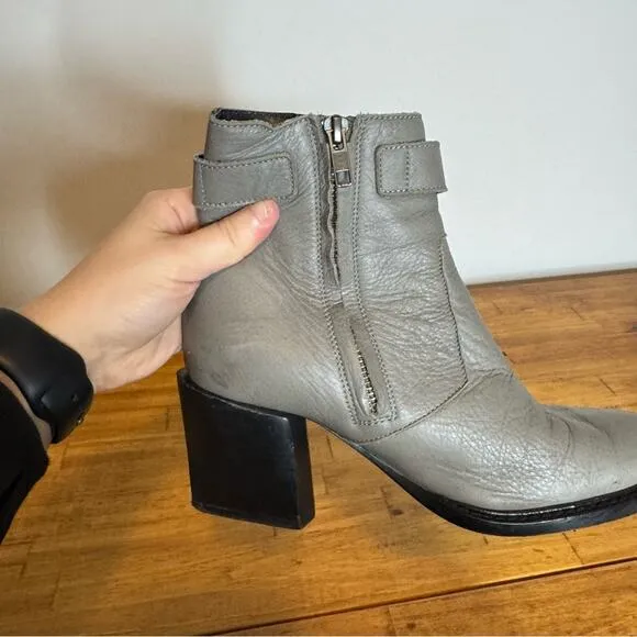 Helmut Lang Gray Leather Buckle Side Zip Heeled Ankle Boots Size 37