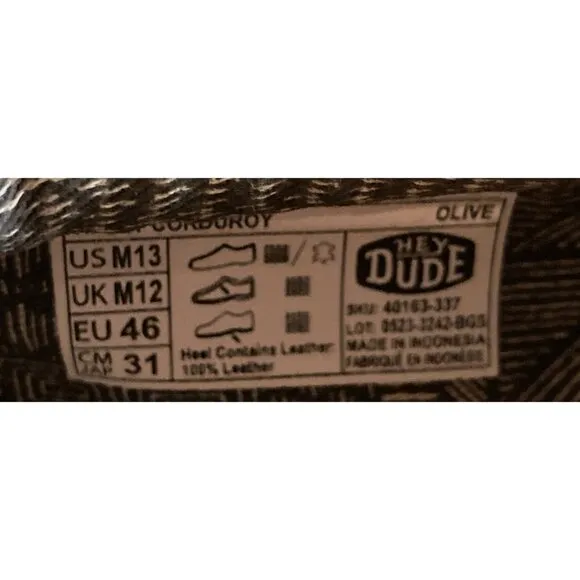 Hey Dude Men's Wally Corduroy Slip On Shoes Casual Solid Olive Green Size 13 New