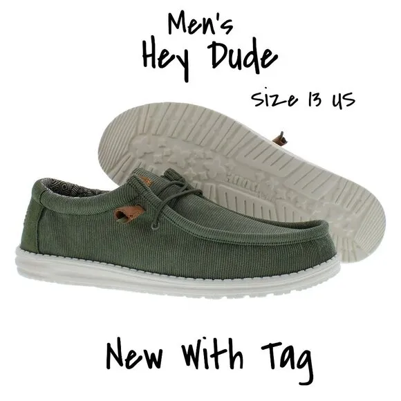 Hey Dude Men's Wally Corduroy Slip On Shoes Casual Solid Olive Green Size 13 New