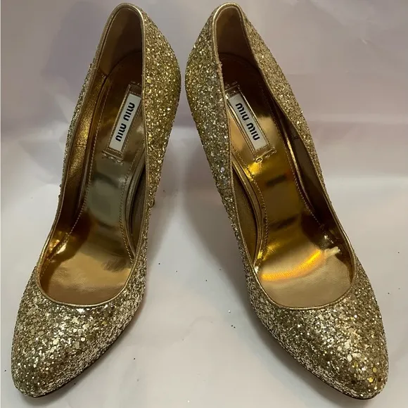 Host Pick Gold Glitter Miu Miu Pumps 3.5” Heel Size 39
