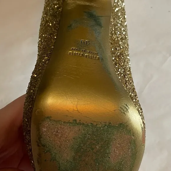 Host Pick Gold Glitter Miu Miu Pumps 3.5” Heel Size 39