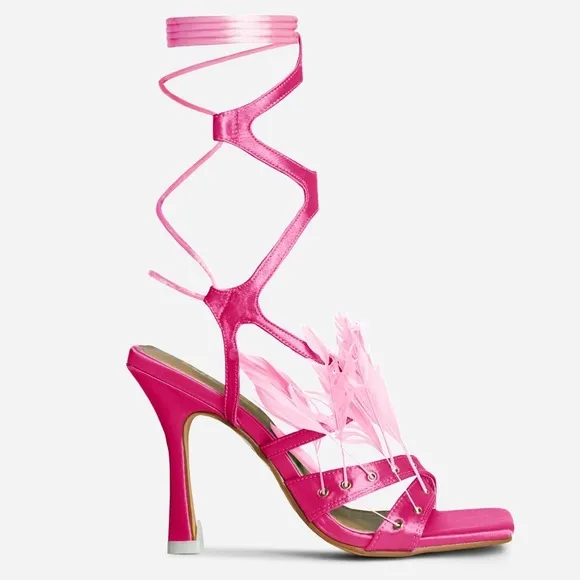 Hot pink calf high strappy lace up feather square toe satin heel sandals