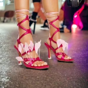 Hot pink calf high strappy lace up feather square toe satin heel sandals