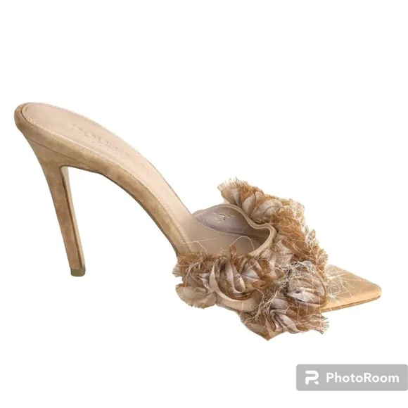 House of CB London Lumiere Beige Suede Ruffled Stiletto Heel Sandals Women’s
