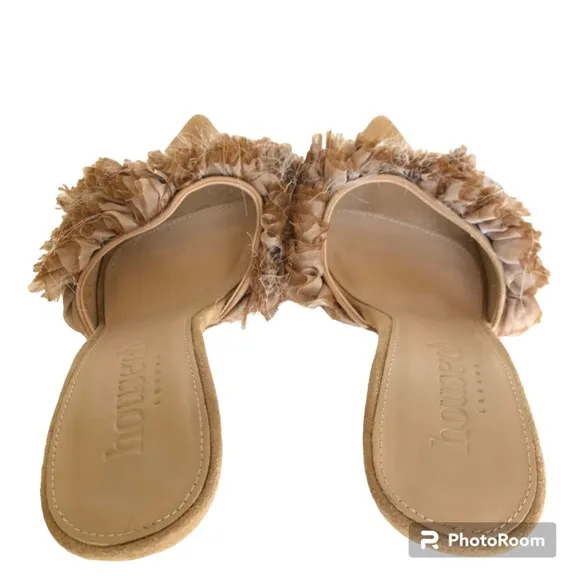 House of CB London Lumiere Beige Suede Ruffled Stiletto Heel Sandals Women’s