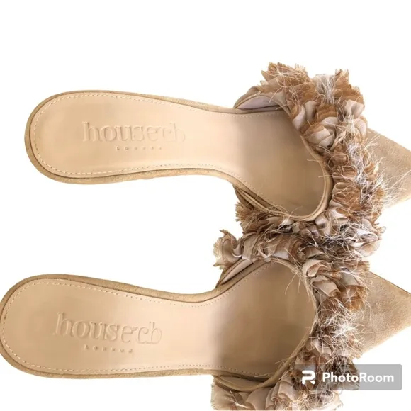 House of CB London Lumiere Beige Suede Ruffled Stiletto Heel Sandals Women’s