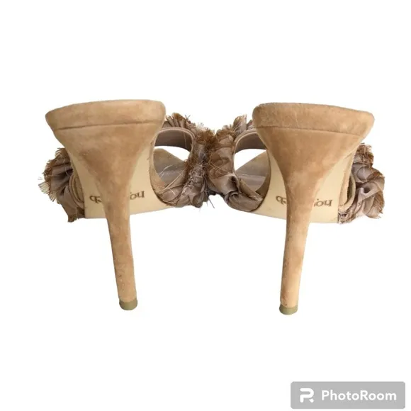 House of CB London Lumiere Beige Suede Ruffled Stiletto Heel Sandals Women’s