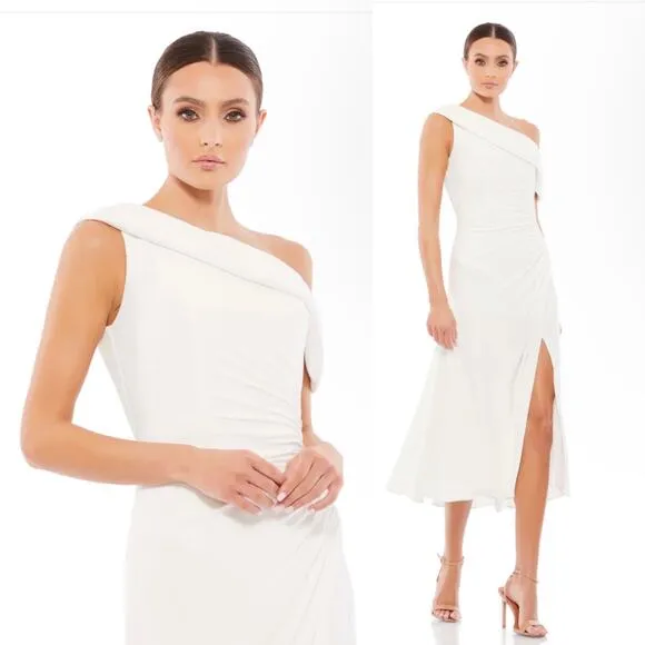 Ieena Mac Duggal Ruched Off the Shoulder Midi Dress White Size 4 26484 NEW