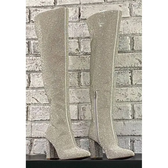 I.N.C International Phebe Silver Crystal Over the‎ Knee Rhinestone Boots  Size 5
