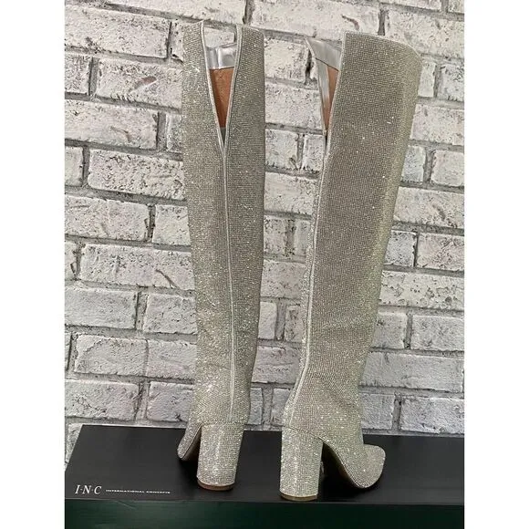 I.N.C International Phebe Silver Crystal Over the‎ Knee Rhinestone Boots  Size 5