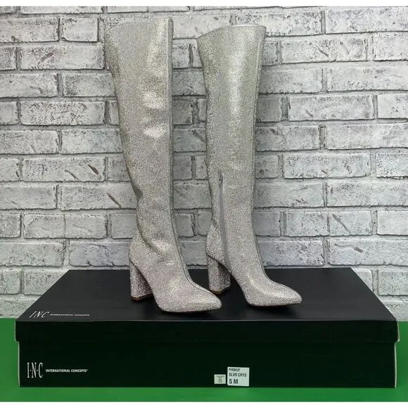 I.N.C International Phebe Silver Crystal Over the‎ Knee Rhinestone Boots  Size 5