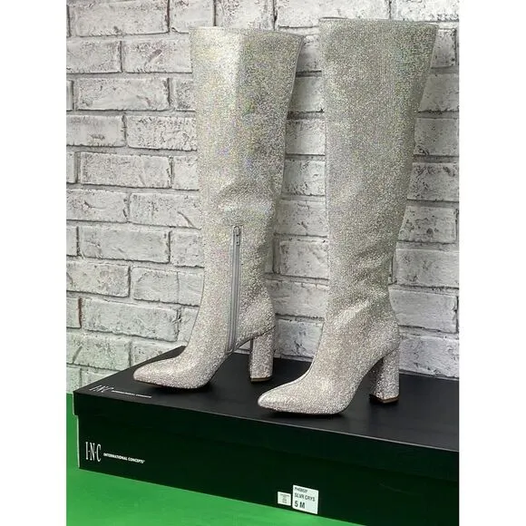 I.N.C International Phebe Silver Crystal Over the‎ Knee Rhinestone Boots  Size 5