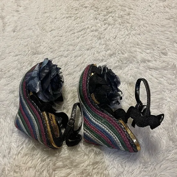 IRREGULAR CHOICE WEAVER BLACK HIGH WEDGE SHOES BLACK FLOWER Size 10