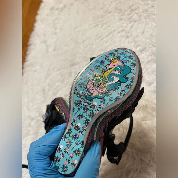 IRREGULAR CHOICE WEAVER BLACK HIGH WEDGE SHOES BLACK FLOWER Size 10