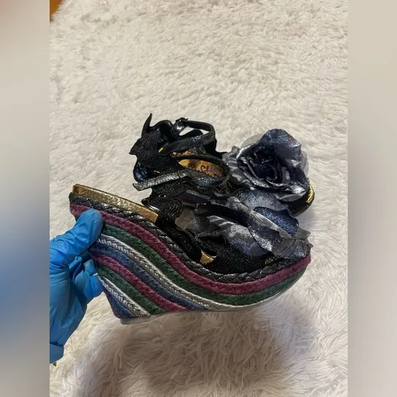 IRREGULAR CHOICE WEAVER BLACK HIGH WEDGE SHOES BLACK FLOWER Size 10
