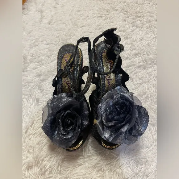 IRREGULAR CHOICE WEAVER BLACK HIGH WEDGE SHOES BLACK FLOWER Size 10