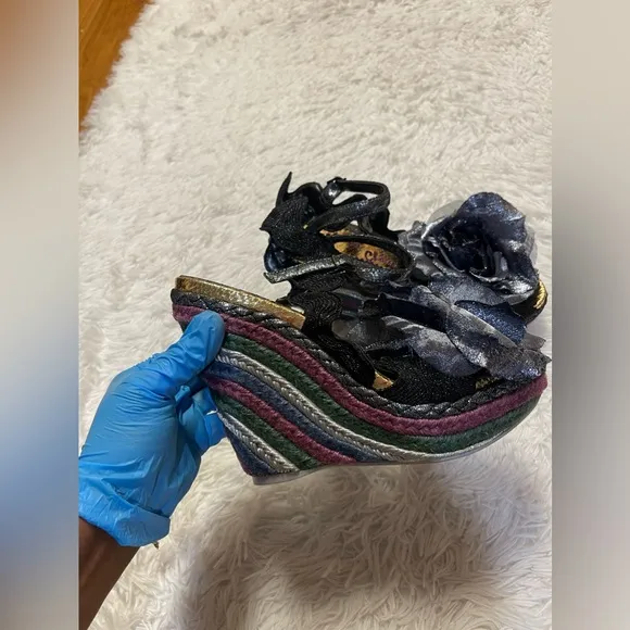 IRREGULAR CHOICE WEAVER BLACK HIGH WEDGE SHOES BLACK FLOWER Size 10