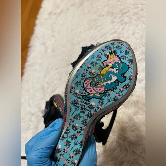 IRREGULAR CHOICE WEAVER BLACK HIGH WEDGE SHOES BLACK FLOWER Size 10