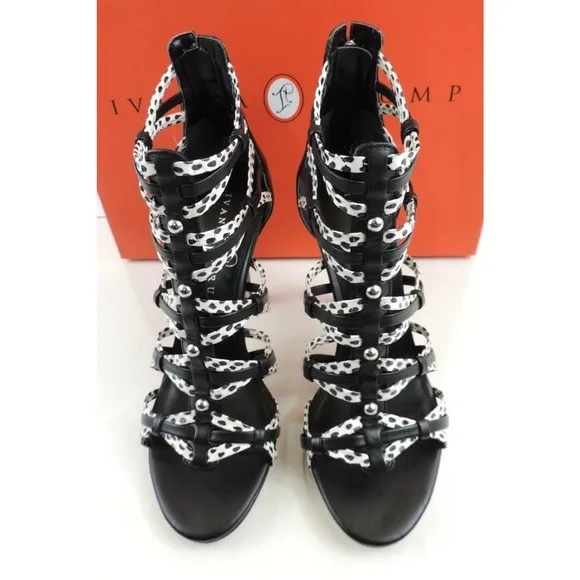 Ivanka Trump Manis Strappy High Heel Sandals Black Multi Leather Size 5.5