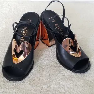 Ivy Kirzhner Black W/Rose Gold Heart &amp; Block Heel Women’s Sandals Sz 8.5 FIRM!!