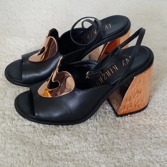 Ivy Kirzhner Black W/Rose Gold Heart &amp; Block Heel Women’s Sandals Sz 8.5 FIRM!!