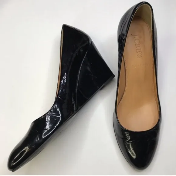 J. CREW Black Patent Leather Wedge Heels Made In Italy Size 6