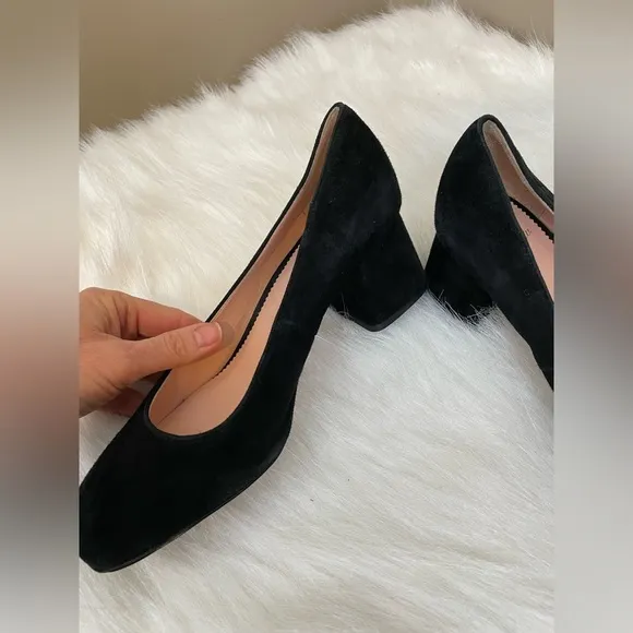 J Crew Celia Square Toe Block Heel Black Suede Pumps 7.5